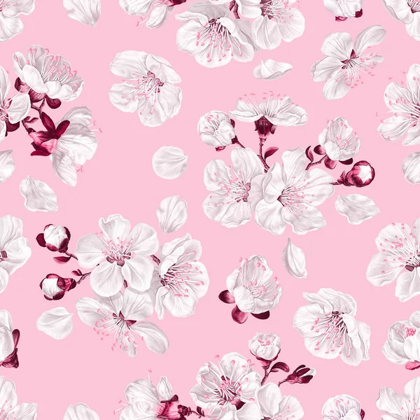 Seamless pattern with spring flowers of white sakura on pink background. Realistic, detailed vector fruit tree flowers for your surface designs, textiles, bedding, women\'s dresses, clothing prints.