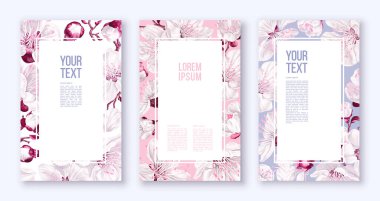 Poster templates with spring flowers. Vector inflorescences of fruit trees. Realistic white-pink flowers on pink, blue, white background. Frames, banners, place for text, flyers, advertising layout clipart