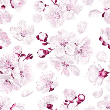 Kusursuz desenli bahar çiçekleri, arka planda meyve ağaçları. Kayısı, kiraz, armut, elma, şeftali, pembe ve beyaz sakura çiçekleri. Gerçekçi, kumaş, baskı, poster, kartlar için vektör bitkileri.