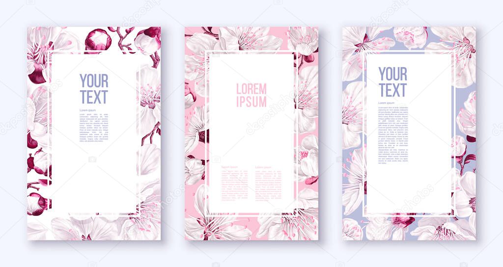 Poster templates with spring flowers. Vector inflorescences of fruit trees. Realistic white-pink flowers on pink, blue, white background. Frames, banners, place for text, flyers, advertising layout