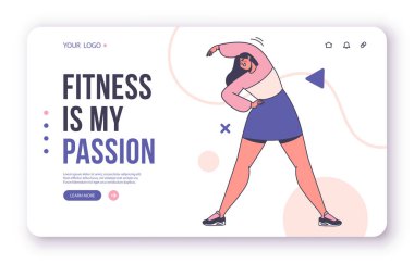 Landing page design. Healthy lifestyle concept, sports and exercise. Vector illustration with female character. Girl in sportswear makes bends. Morning exercises, online training, gymnastics.