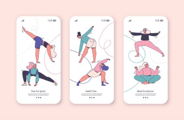 Mobile app page screen set. Sport and healthy lifestyle concept. Womens in different poses doing sports, workouts, yoga, gymnastics. Vector illustration in modern flat style with line art elements.