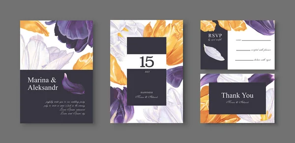 Χαιρετισμός Πρόσκληση Γαμήλια Κάρτα Πρότυπο Σχεδιασμό Λουλούδια Τουλίπα Ρεαλιστικό Στυλ — Διανυσματικό Αρχείο