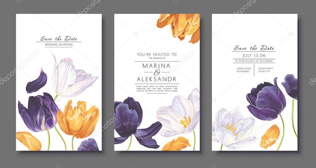 Spring, greeting card template for wedding invitation with tulip flowers in realistic style with high details. Hand drawn vector set of posters, flyers, banners and advertisements for social networks