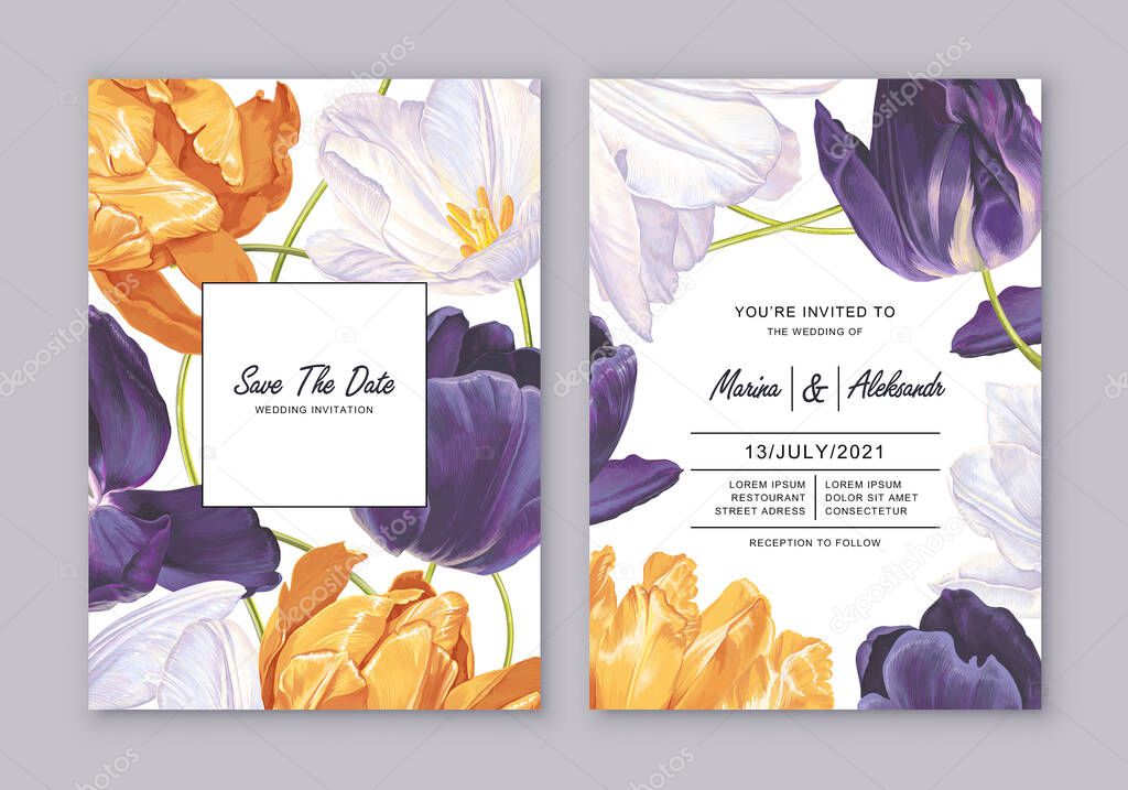 Greeting cards templates, wedding party invitation with realistic spring tulip flowers. Vector white, yellow and purple plants on white background. Layout can be used for outdoor advertising or banner