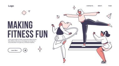 Fitness konsepti. Web sayfası şablonu, iniş sayfası düzeni. Kadınlar spora, aerobiğe, jimnastiğe, bel hizasına hula hooplara giderler. Sağlıklı yaşam tarzı, formda kalmak, fiziksel aktivite, sabah egzersizi.