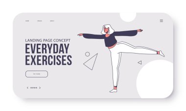 Sabah egzersizi, iniş sayfası için spor konsepti, web sayfası. Kadın karakter egzersiz yapıyor, tek ayak üzerinde duruyor, yoga asanası yapıyor ya da bacak sallıyor. Sağlıklı yaşam tarzı, kişisel bakım ve spor.