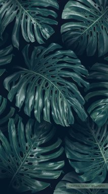 Gerçekçi vektör arkaplan tropikal canavar koyu renkli yapraklar bırakır. El yapımı palmiye yaprakları telefon ekranları için dikey duvar kağıdı. Kilit ekranındaki ekran koruyucusu, sosyal ağlardaki iletiler için biçim