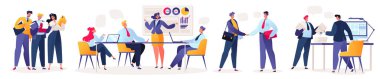 Ofiste çalışma kavramı. Ofis çalışanları, iş adamları, kadın ve erkek karakterler birlikte çalışıyor. Toplantılar, anlaşmalar imzalanması, sözleşmelerin imzalanması, bilgisayar ve dizüstü bilgisayarlarda çalışma