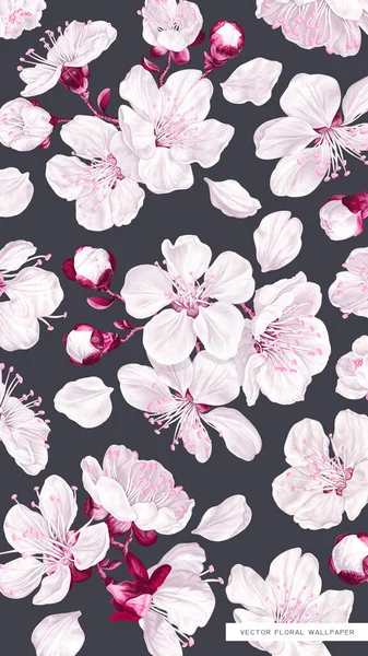 현실적 벚꽃의 어두운 스마트폰을 특별히 설계된 디자인 미디어의 페이퍼 게시물 — 스톡 벡터