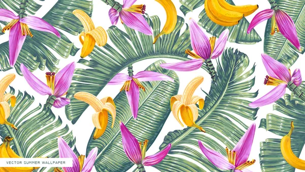 Tropical Vector Realistic Wallpaper Leaves Fruits Flowers Banana Palm Large — Διανυσματικό Αρχείο
