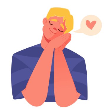 Duygular ve duygular teması üzerine şirin bir vektör çizimi. Genç adam, elleri yanaklarına uzanmış rüya gibi başını eğiyor, ya aşık olmuş ya da hayatında yaşanmış hoş anları hatırlıyor, ya da geleceği hayal ediyor..