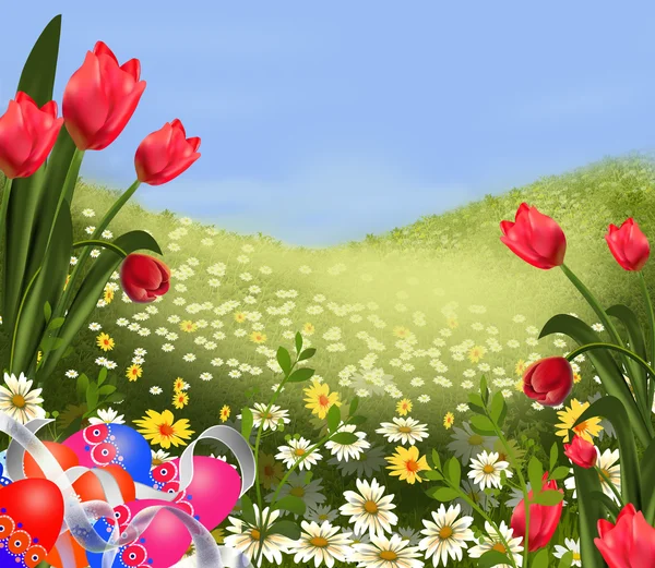 Tulipes et oeufs colorés décorés  . — Image vectorielle