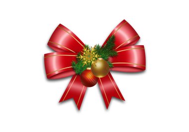 Kırmızı kurdeleli ve topları beyaz arka planda izole edilmiş yılbaşı ya da yeni yıl süslemeleri 