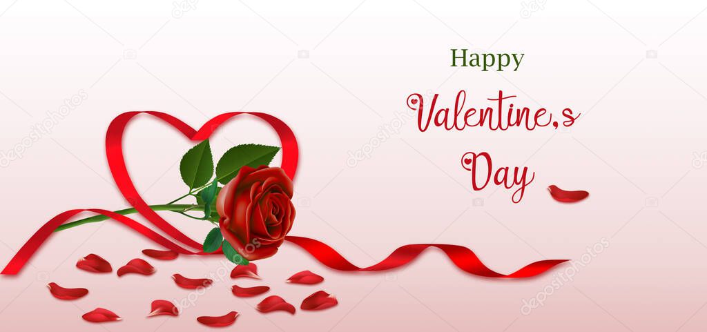 Valentine's day background with red ribbon and red roses.