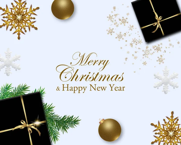 Nieuwjaar Kerstmis Met Decoratieve Gouden Ster Sparren Takje Geschenkdoos Geïsoleerd — Stockfoto