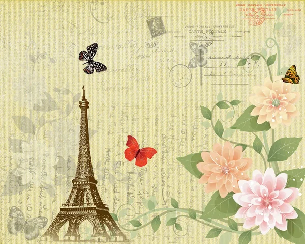 Cartolina della torre Eiffel e fiori su sfondo grunge . — Vettoriale Stock