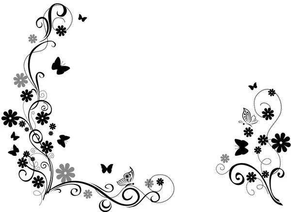 Czarno-biały ozdoba z kwiatów i motyli. — Wektor stockowy