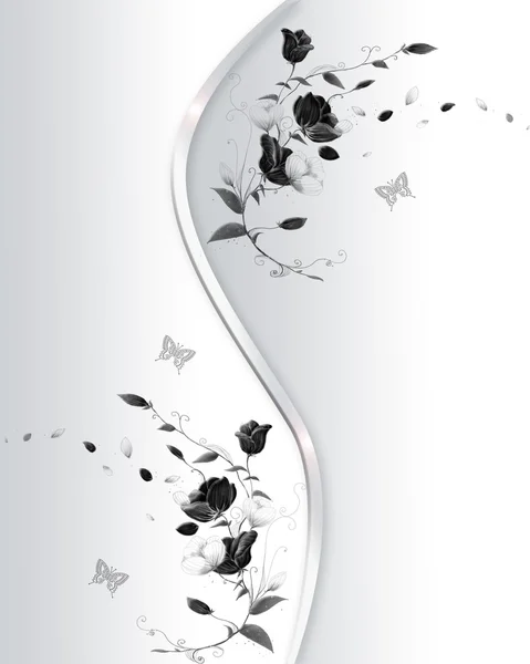 Grey background with black flowers and butterfly. — Stock Vector