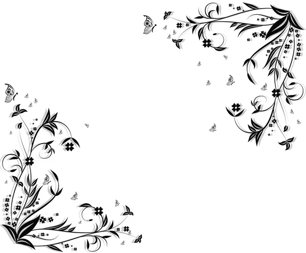 Black floral pattern with butterflies . — Stock Vector