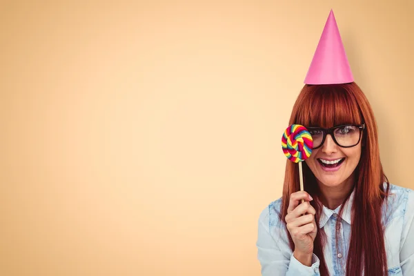 Hipster woman with hat party and lollipop — Stock Photo, Image