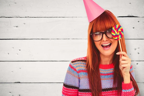 Hipster woman with lollipop — Stock Photo, Image