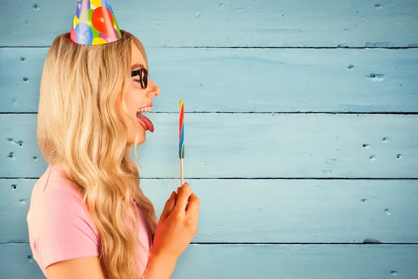 Mooie hipster bedrijf lollipop — Stockfoto