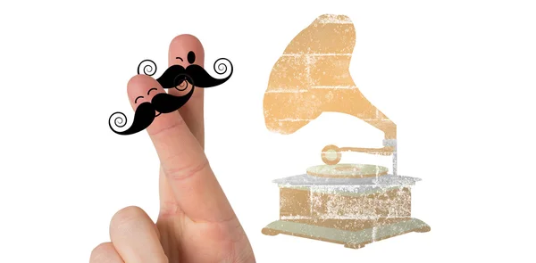 Palce z wąsem przeciwko gramofon — Zdjęcie stockowe