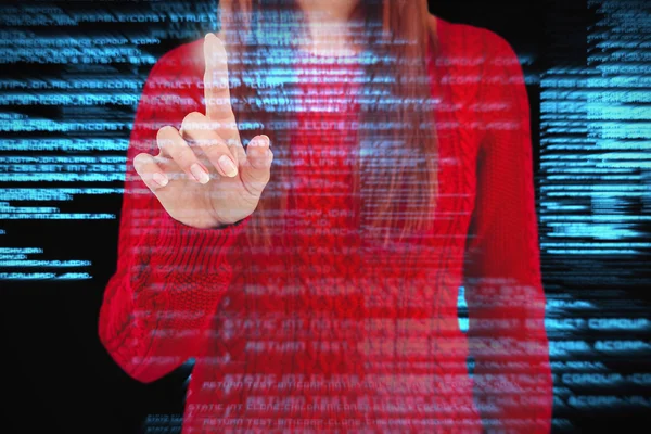 Hipster woman against blue coding — Stock Photo, Image