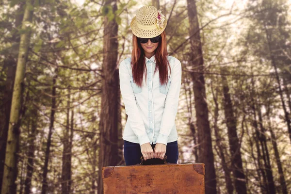 Hipster woman holding suitcase — Stock Photo, Image