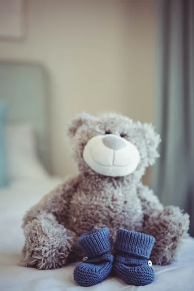 View of teddy bear and baby socks — Stock Photo, Image