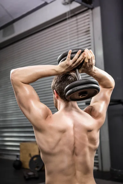 Vista trasera del hombre sin camisa levantando pesadas mancuernas —  Fotos de Stock