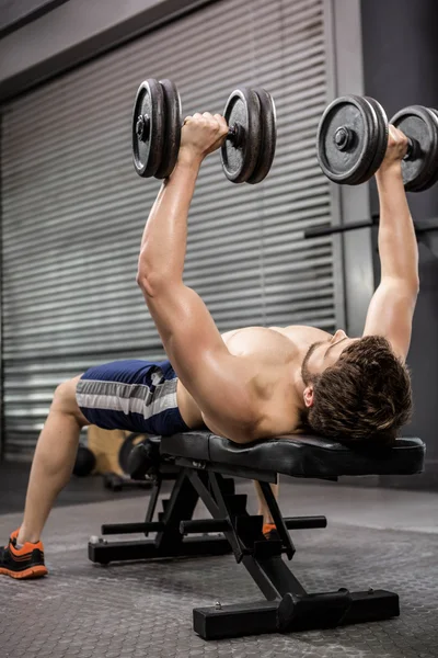 Shirtless man lifting heavy dumbbells on bench — Stock Photo, Image