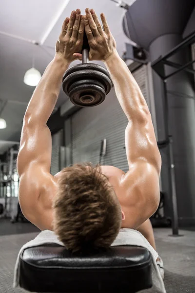 Shirtless man lifting heavy dumbbell on bench — Stock Photo, Image