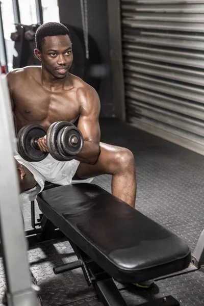 Shirtless man tillen halter op Bank — Stockfoto