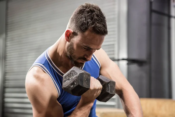 Musclé homme assis sur banc haltère de levage — Photo