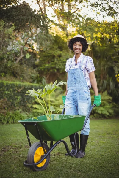 Sorridente donna spingendo carriola — Foto Stock