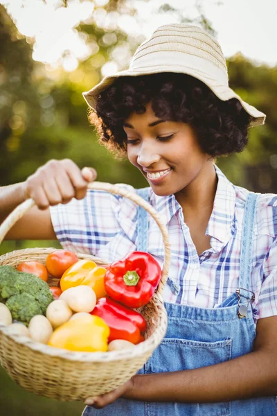 Mujer sonriente mirando a la cesta de verduras — Foto de Stock