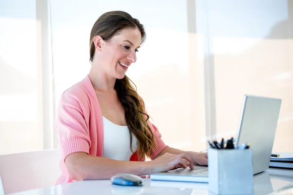 Lachende vrouw van de buwiness te typen op haar laptop Rechtenvrije Stockfoto's