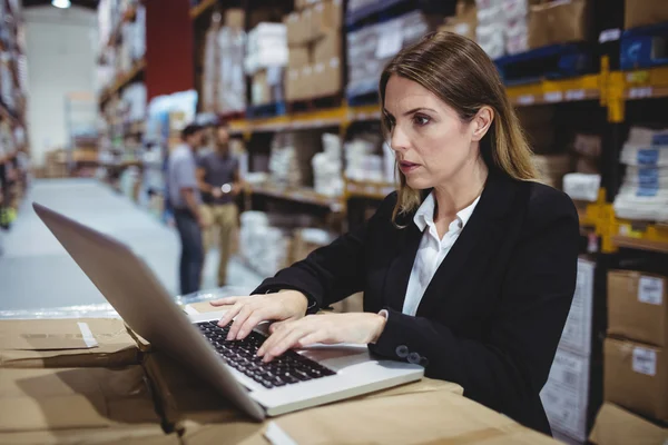 Lagerchefen använder laptop — Stockfoto