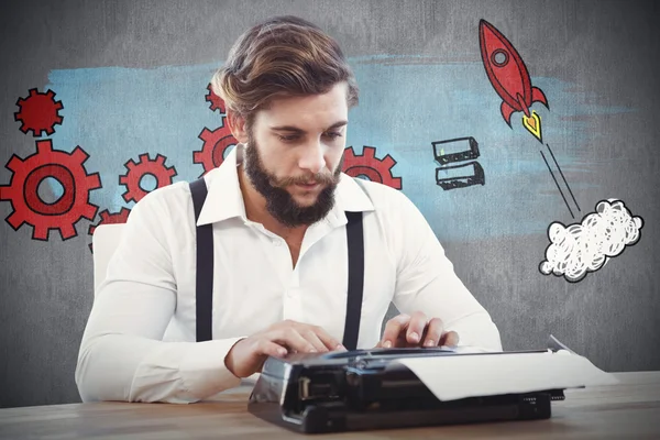 Hipster working on typewriter — Stock Photo, Image