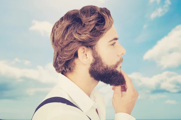 Vista del profilo della barba toccante hipster — Foto Stock