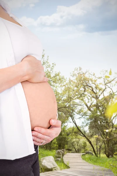 Mujer embarazada sosteniendo el estómago — Foto de Stock