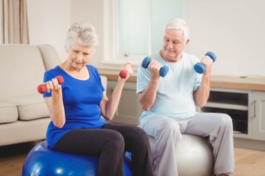 Senior couple sitting on fitness balls clipart