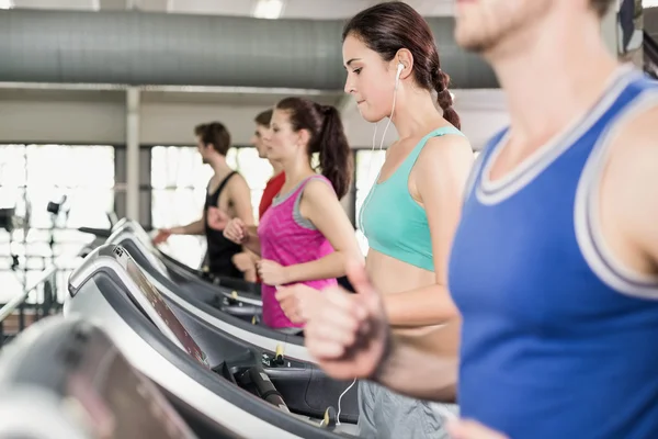 Mujeres y hombres corriendo en una cinta de correr — Foto de Stock