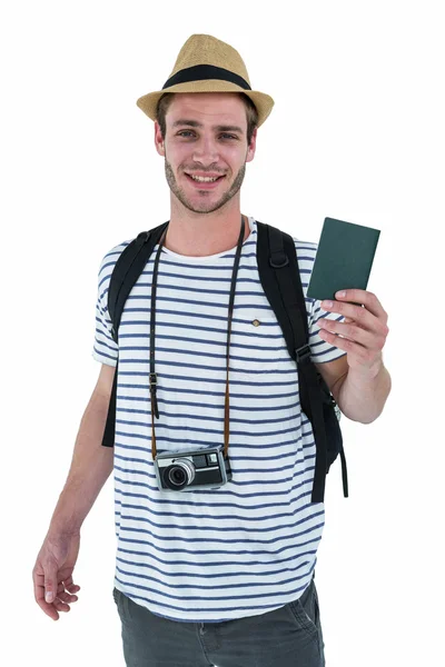 Hombre guapo sosteniendo cartera de cuero — Foto de Stock