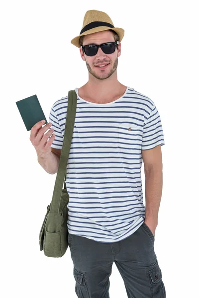 Hombre guapo sosteniendo cartera de cuero — Foto de Stock