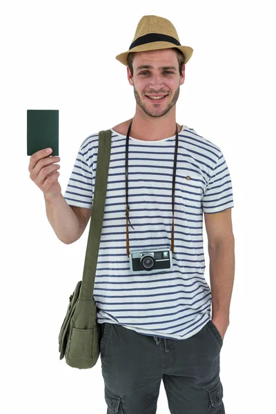Homem bonito segurando carteira de couro — Fotografia de Stock