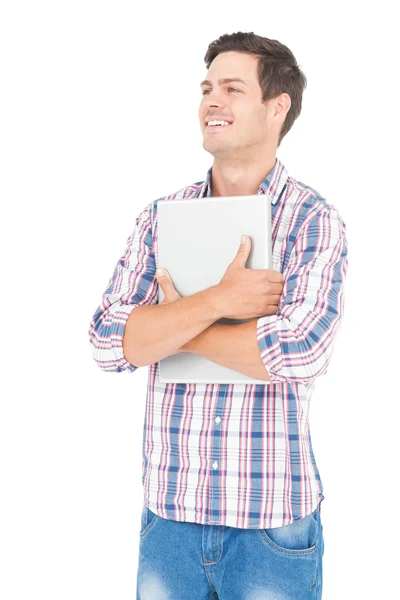 Portrét smějící se muž studenta držení notebooku — Stock fotografie