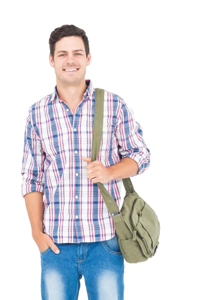 Πορτρέτο του χαμογελαστό αρσενικό φοιτητή με τη σχολική τσάντα — Φωτογραφία Αρχείου